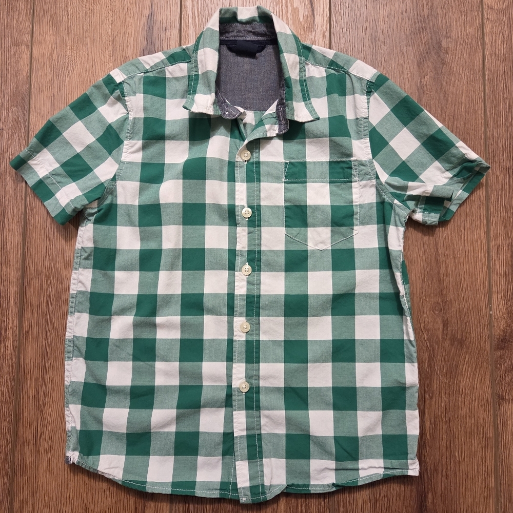 GAP Green and White Checked Short-Sleeve Button-Down Shirt
